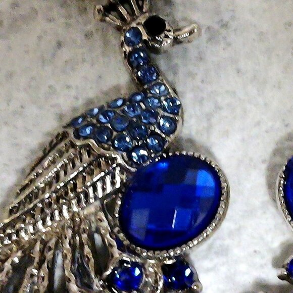 Peacock Earrings Dangle Blue Faux Rhinestone Silver Plating Metal 3.5" Length - Picture 3 of 9